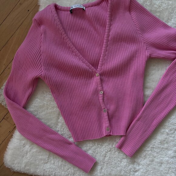 Pink Ribbed Cropped Cardigan - Picture 8 of 8